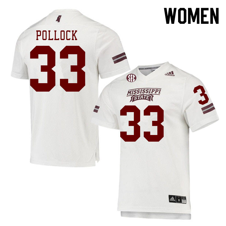 Women #33 Brice Pollock Mississippi State Bulldogs College Football Jerseys Stitched Sale-White
